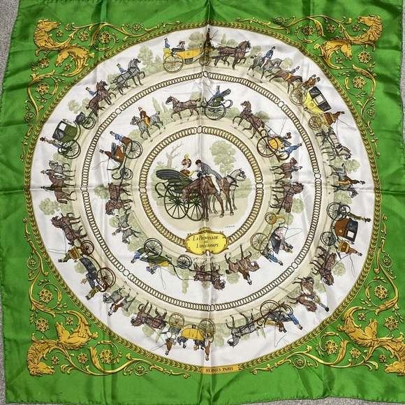 Authentic HERMES "LA PROMENADE DE LONGCHAMPS" Green 100% Silk Scarf - Picture 2 of 13